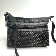 * Trendy LESPORTSAC Nylon Triple Zip Lightweight Black Dotted Crossbody