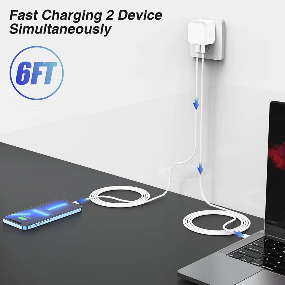 Dual USB-C Fast Charger PD 35W Power Block Type C Cable For iPhone iPad Samsung - Image 2 of 4