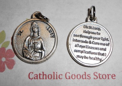 Saint St. Lucy  Silver Tone Round - Medal with Prayer.