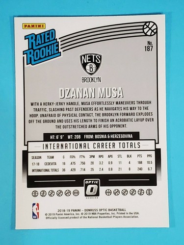 2018-19 Donruss Optic RC Dzanan Musa Brooklyn Nets #187 - Picture 2 of 2
