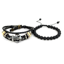 Genuine Leather Anchor Charm & Natural Stone Two Piece Bracelet Set