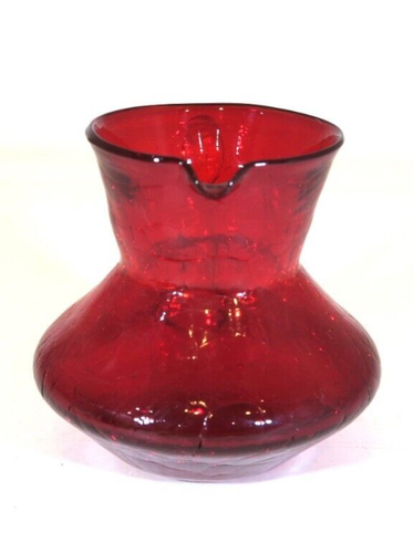 Hand Blown 4" Vintage Mini Ruby Red Crackle Glass Pitcher Applied Clear Handle - Picture 6 of 11