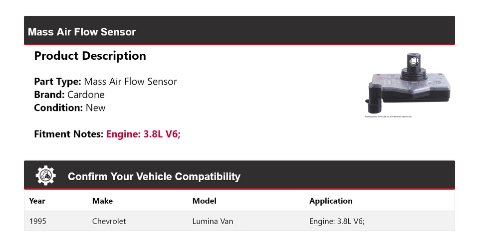 Sensor de flujo de aire de masa Cardone para camioneta Chevrolet Lumina 1995 3,8 L V6 Foto 2 de 4