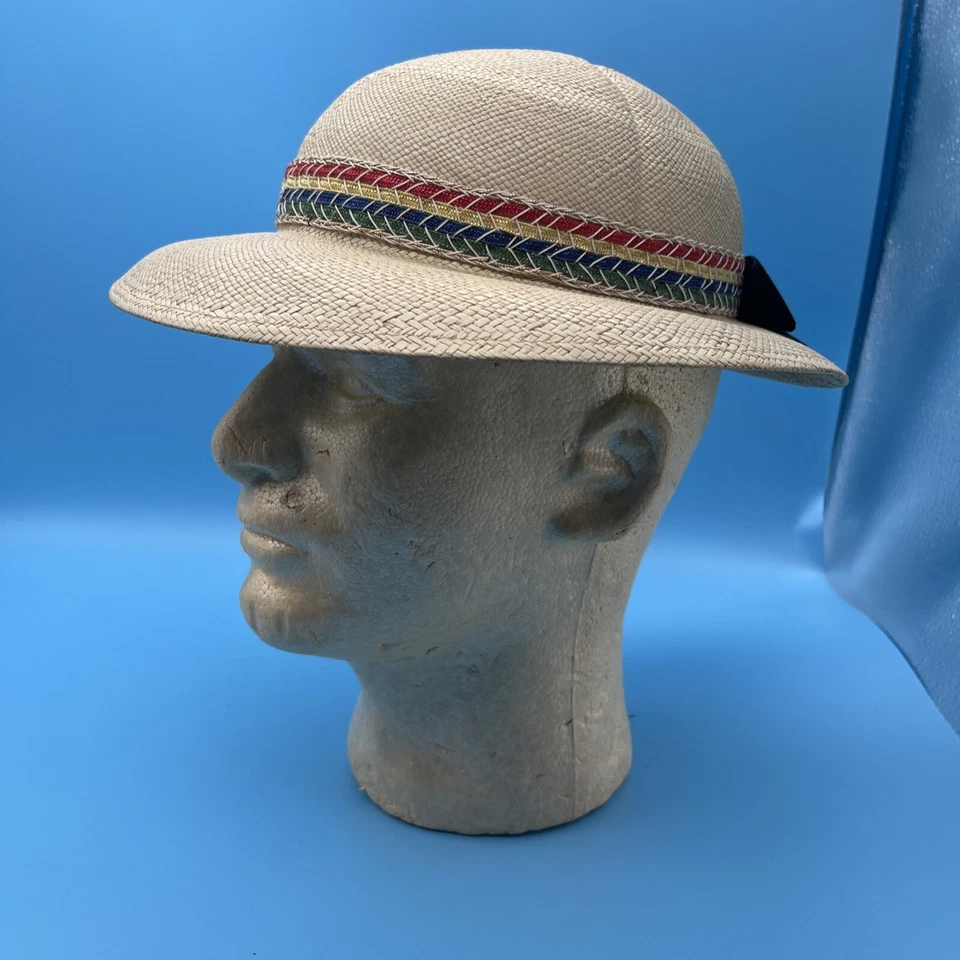 Sombrero de Paja de Panamá Genuino Tejido Banda a Rayas Terciopelo Arco De Colección Foto 3 de 4