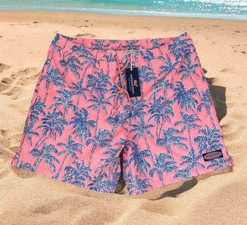 NWT Vineyard Vines Palm Tree Chappy Bright Peach Swim Trunks Mens Sz XL UPF 50+