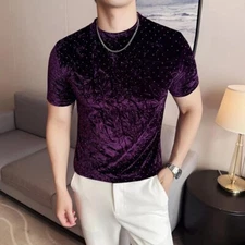 New Men Luxury Velvet Fashion Hot Stamping T-Shirt High Quality 4 Colors