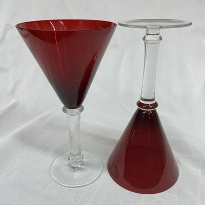 Vintage 8.5'' Ruby Red Glass Clear Long Stem Wine Glasses Set of 2 Goblet
