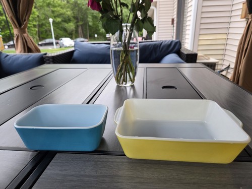 Vintage Pyrex Blue & Yellow Glass Baking Dish Set Lot 2 Rectangular Casserole