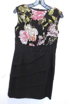 Connected Apparel Dress Sz 12 Black Floral Sleeveless Knee Length Layered Skirt