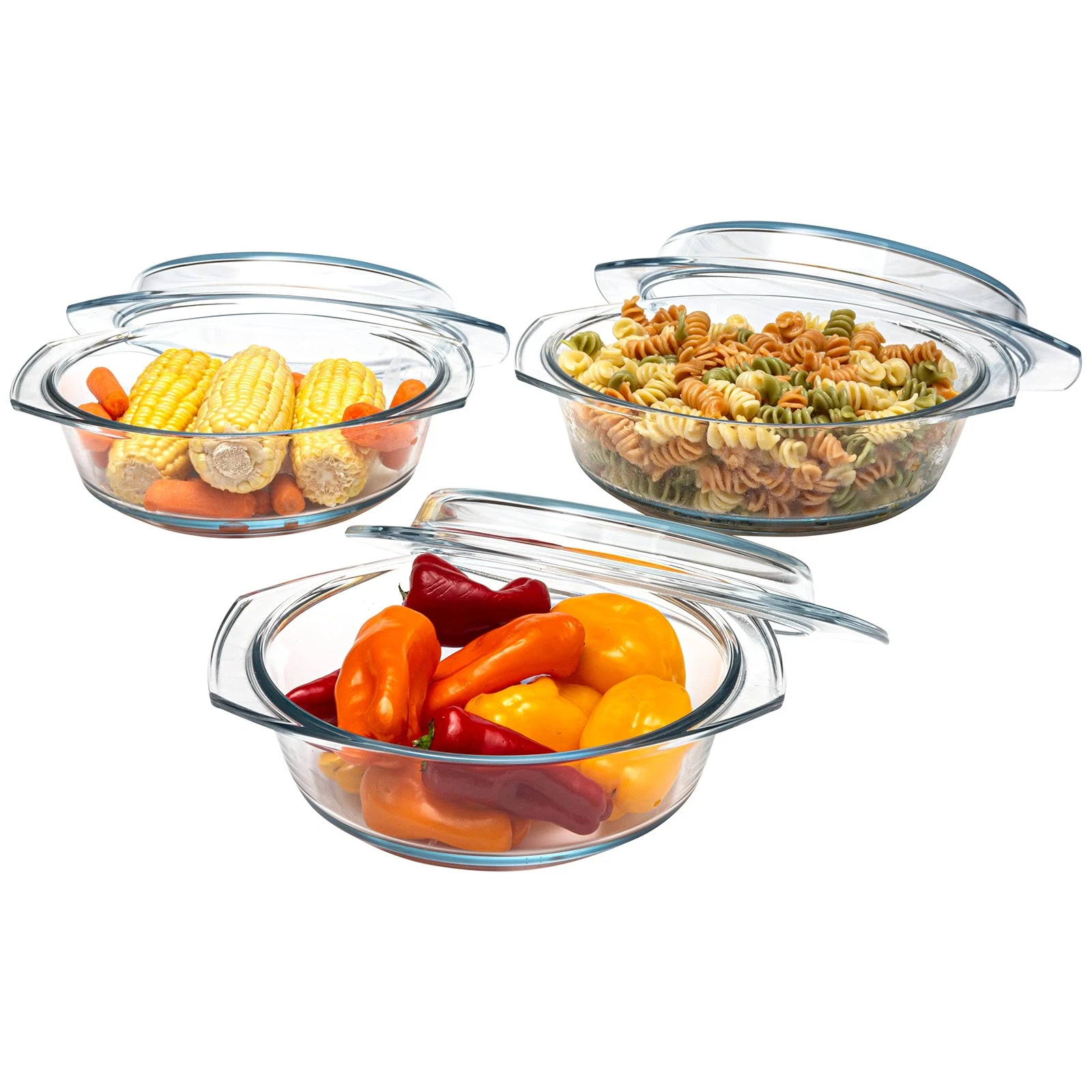 Simax Casserole Dish Set with Lid, Round 1 Qt, 1.5 Qt and 2 Quart, Clear
