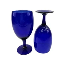 SET OF 2 LIBBEY COBALT BLUE GLASS WATER GOBLETS 14 oz 7 inch Tall Vintage