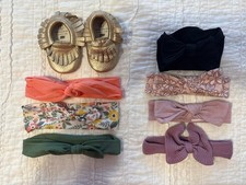 Infant Baby Girl Headband Bow Lot Gold Moccasins Size 2 Bailey s Blossoms