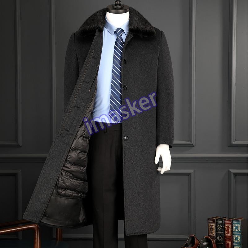 Winter New Mens Cashmere Duck Down Warm Coat Long Wool Lapel Collar Coat Jacket