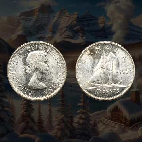 1964 Canada 10 Cents, .800 Silver Coin, Queen Elizabeth II, The Bluenose in sail