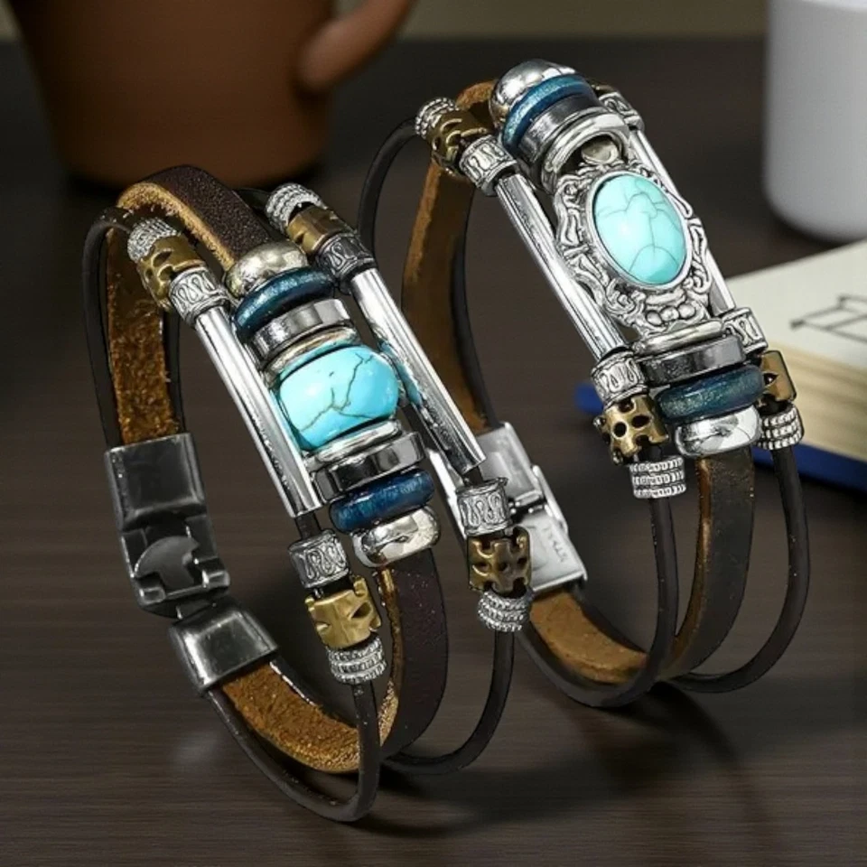 Monas modernes Duo 2x Herren Freundschaftsarmband Leder Clipverschluss Türkis EU - Bild 4 von 4