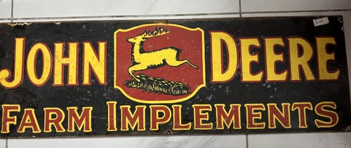 PORCELAIN ENAMEL SIGN JOHN DEERE FARM IMPLEMENTS SIZE 36X12 INCHES SINGLE SIDED.