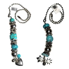 Turquoise & Silver Beads Fan Light Pull Chains Set of 2 w/Heart Sun Stars Charms