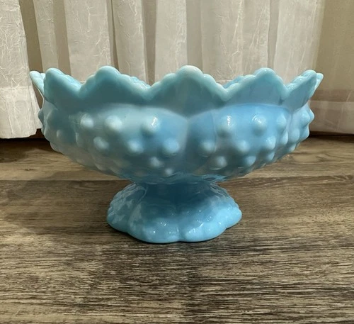 Fenton Candle Holder Blue Milk Glass Slag Swirl Hobnail