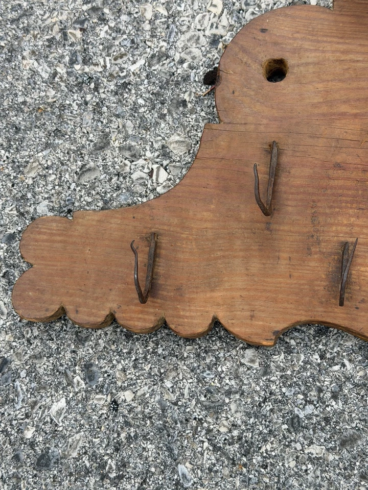 Antique game board yellow pine wrought iron hooks primitive wall hanging - Image 2 of 4