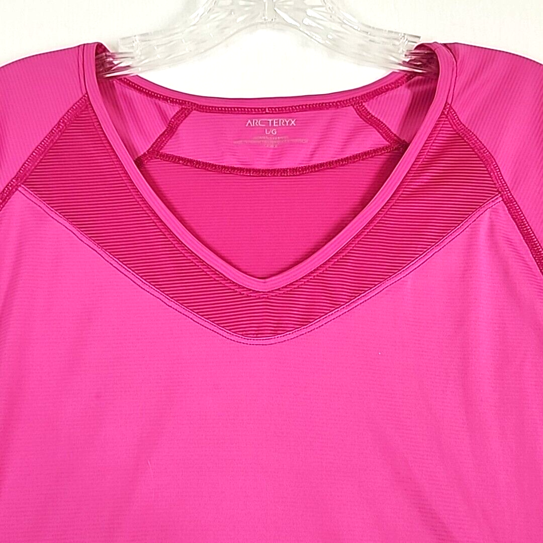ARC'TERYX Arc’teryx T Shirt Scollo V Donna Grande Rosa Performance Manica Corta Zip Tasca