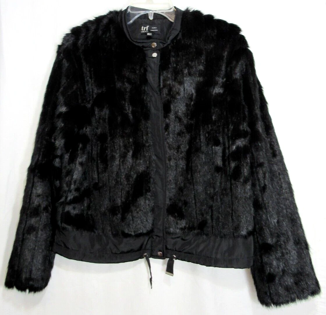 Zara TRF Collection Black Faux Fur Full Zip Lined Jacket Size S-M EUC