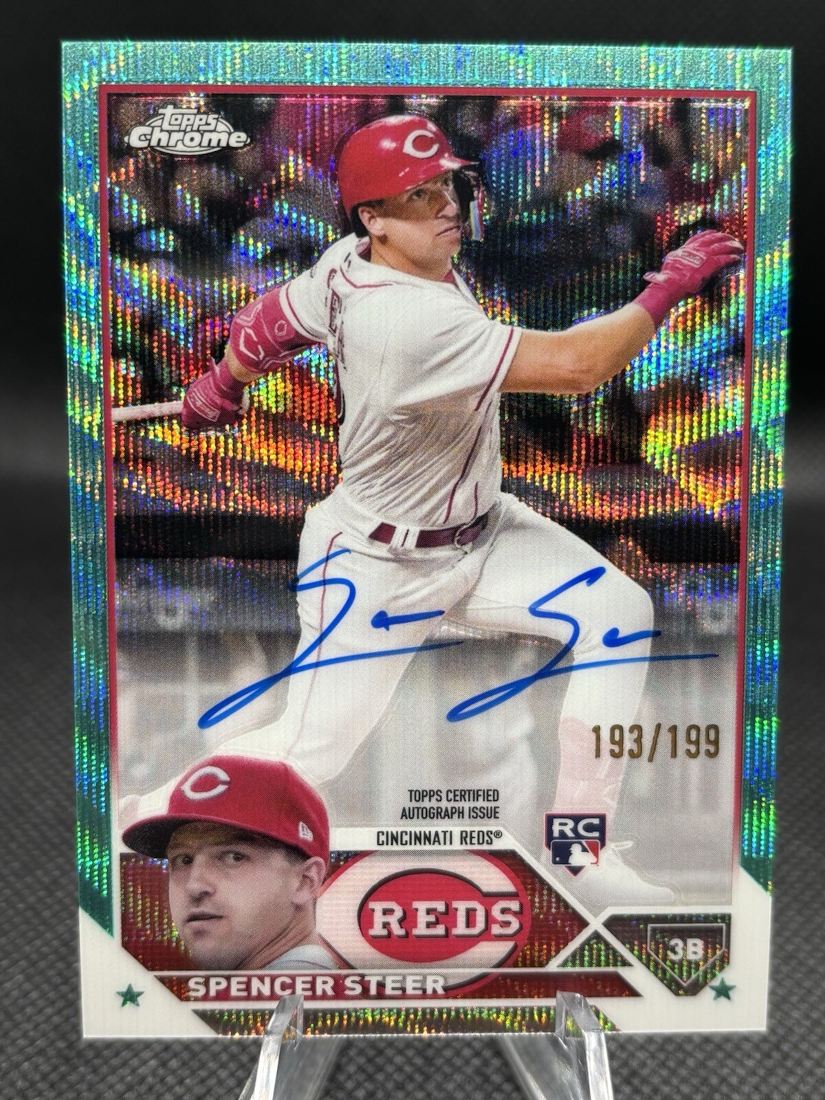 2023 Topps Chrome Spencer Steer Rookie Auto Aqua Wave RC /199 #RA-SS Reds