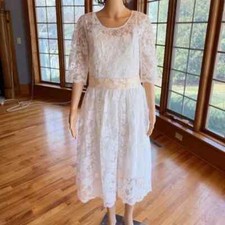 * Vtg Lace Boat Neck Short Sleeve Tea Length Wedding Dress Bridal Gown Size 10