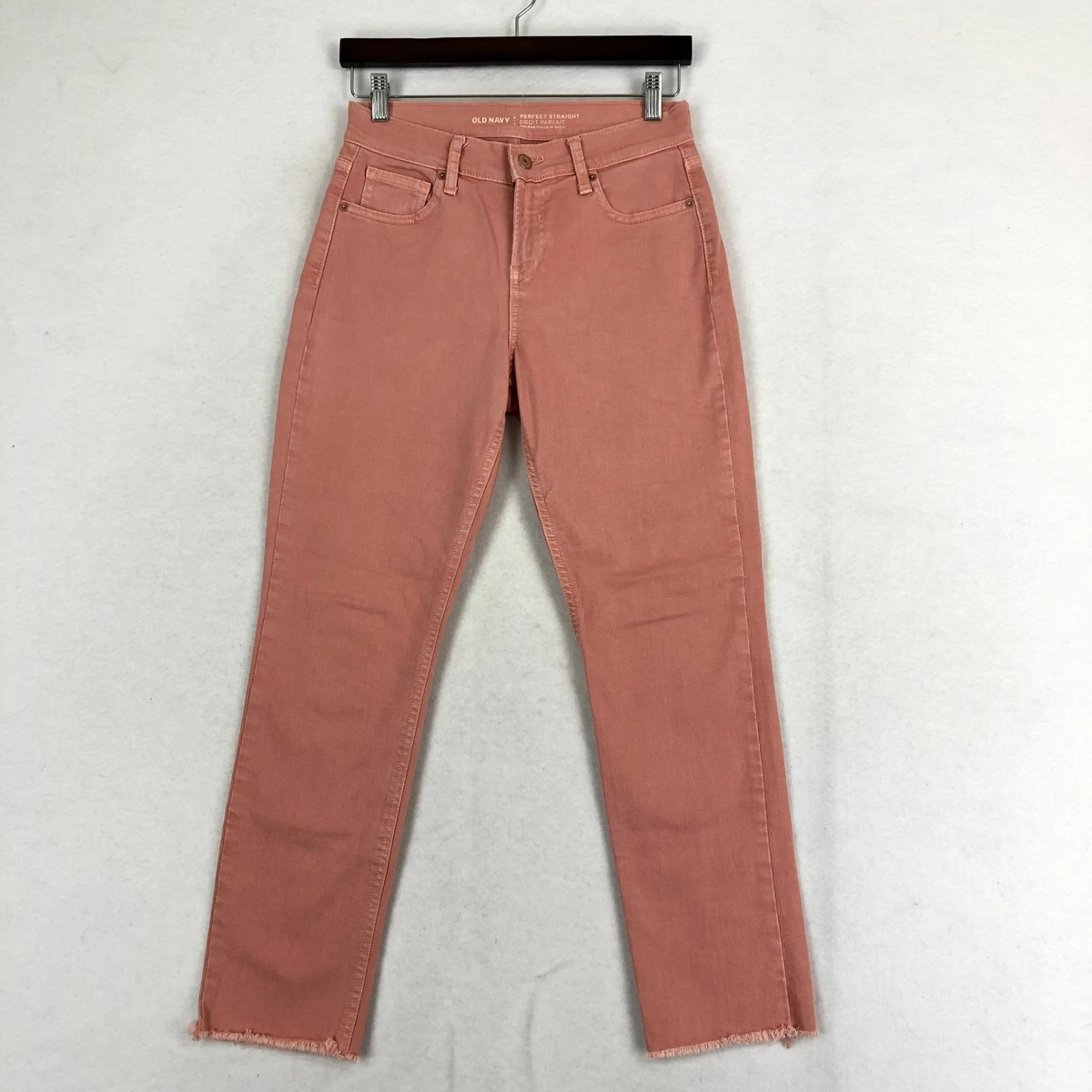 Old Navy Women s Size 4 Pink Denim Perfect Straight Mid Rise Raw Hem Jeans