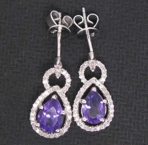 Fashion Natural Purple Amethyst Diamond Drop Women Earrings Solid 14K White Gold - Picture 2 of 5