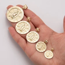 Lady Guadalupe Virgin Mary Medallion Pendant Real 10K Yellow Gold All Sizes