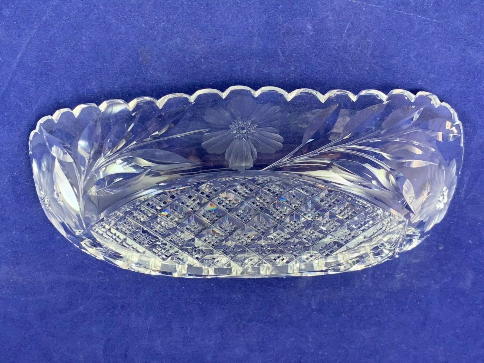 American Brilliant Cut ABC Crystal Relish Banana Split Dish Oval Flower Sawtooth