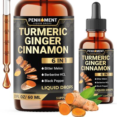 6 in 1 Turmeric Curcumin Drops Ginger Berberine Cinnamon Bitter Melon 2oz