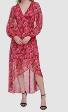Guess Women's Red Floral-Print Long Sleeve Faux-Wrap Dress Size 8