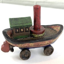 Vintage Miniature Toy Tugboat Figurine By Young  s 1997 Resin w/Wood Grain 3  