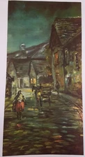 MCM 24x12 Art Print VILLAGE HORSE DRAWN CART Lithograph CANVAS Retro Night Scene