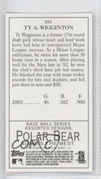 2003 Topps 205 Polar Bear Back Mini Ty Wigginton #211 - Image 2 of 2
