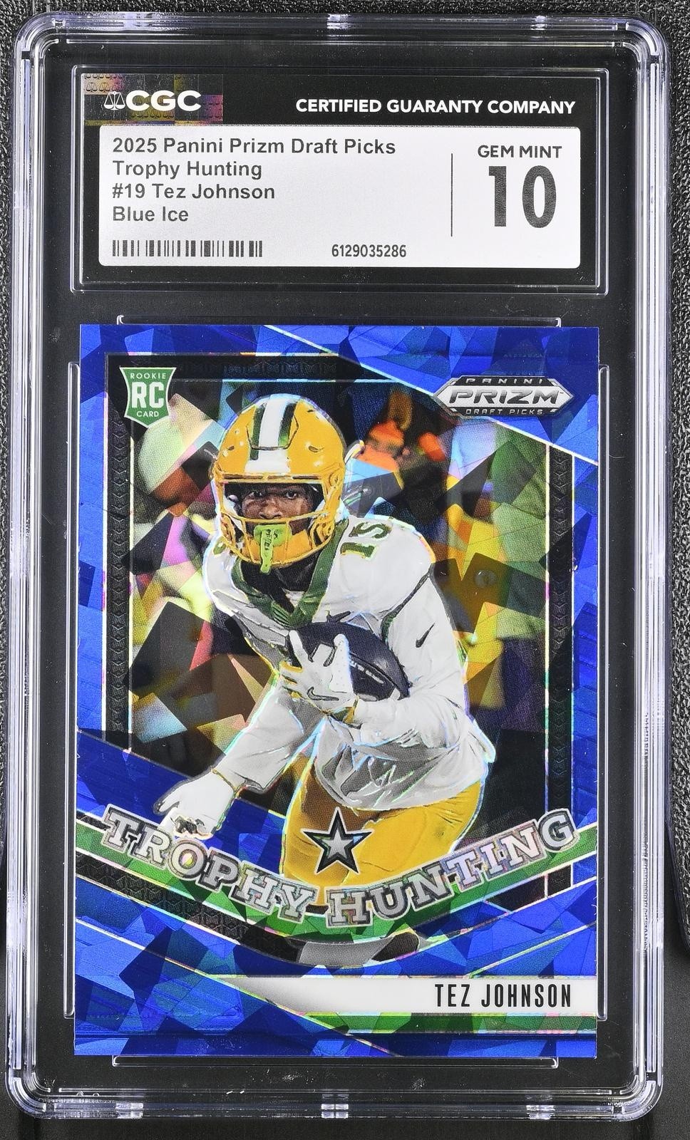 2025 Panini Prizm Draft Picks Tez Johnson Trophy Hunting Blue Ice #/149 CGC 10