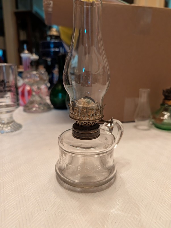 Little Buttercup vintage clear glass miniature oil finger lamp w/chimney