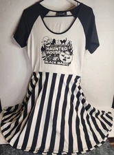 Womens Lg Sourpuss Clothing Haunted Raglan Blk & Wht Stpd Skater Dress W/Pockets