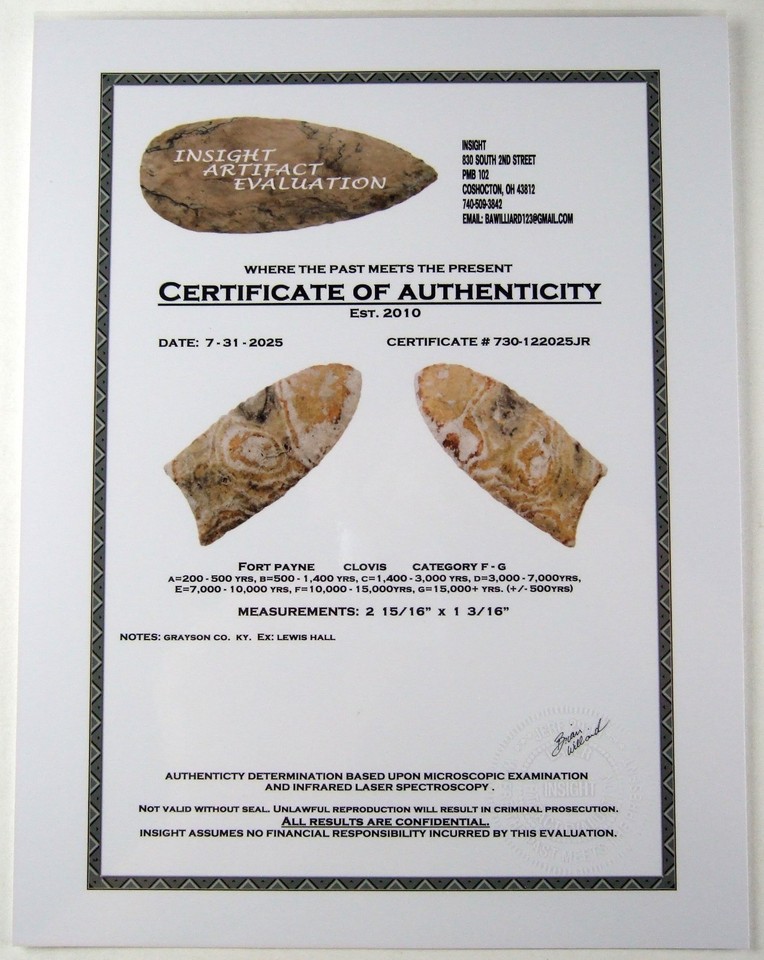 Super Fine Colorful 2 15/16 inch Kentucky Clovis Point wt Insight COA ...