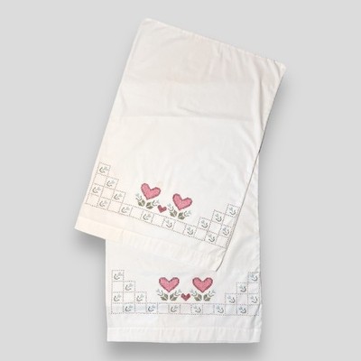 Pair Pillowcases Vintage Linens Flower Hearts Embroidered Dutch Style Valentine