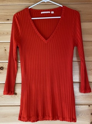 Hugo Boss Women s Size Medium Etrica Ribbed Knit Top 3/4 Sleeves V-Neck Red