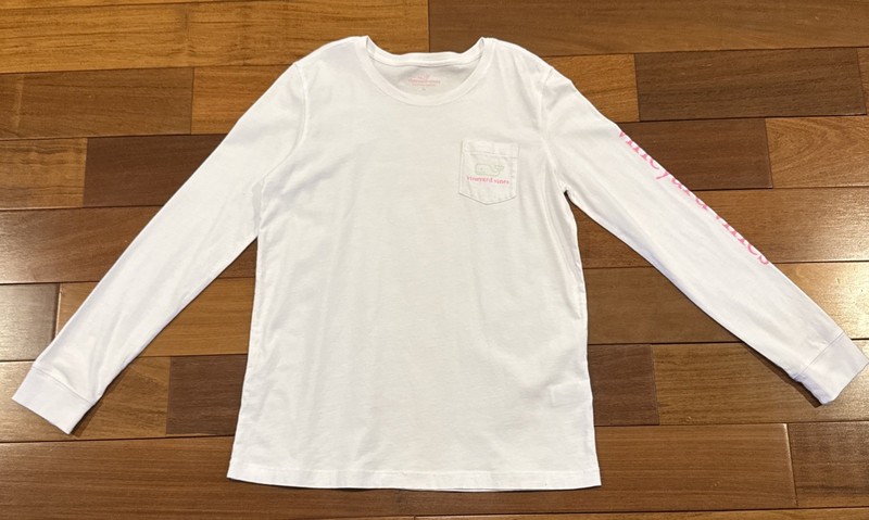 Vineyard Vines Shirt Youth Girls Large (14) White 100% Cotton Green Whale EUC