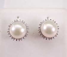 3.10Ct Round Cut Genuine White Pearl Halo Stud Earrings 14K White Gold Plated