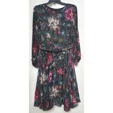 Maison Tara Floral Whimsigoth Dark Fairygoth Pleated Sleeve Midi Dress Womens 12