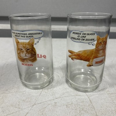 2 Vintage 1981 Morris the Cat 9-Lives Drinking Glasses MCM Kitty Food Promo Set