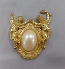 Vtg Signed MIRIAM HASKELL Gold Tone Angels w Large Cabochon Faux Pearl Brooch
