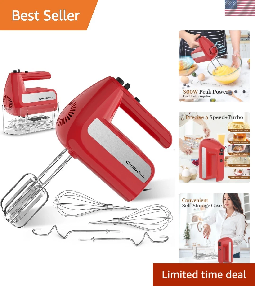 5-Speed Electric Hand Mixer, 800W Handheld Mixer with Turbo for Baking & Cook...