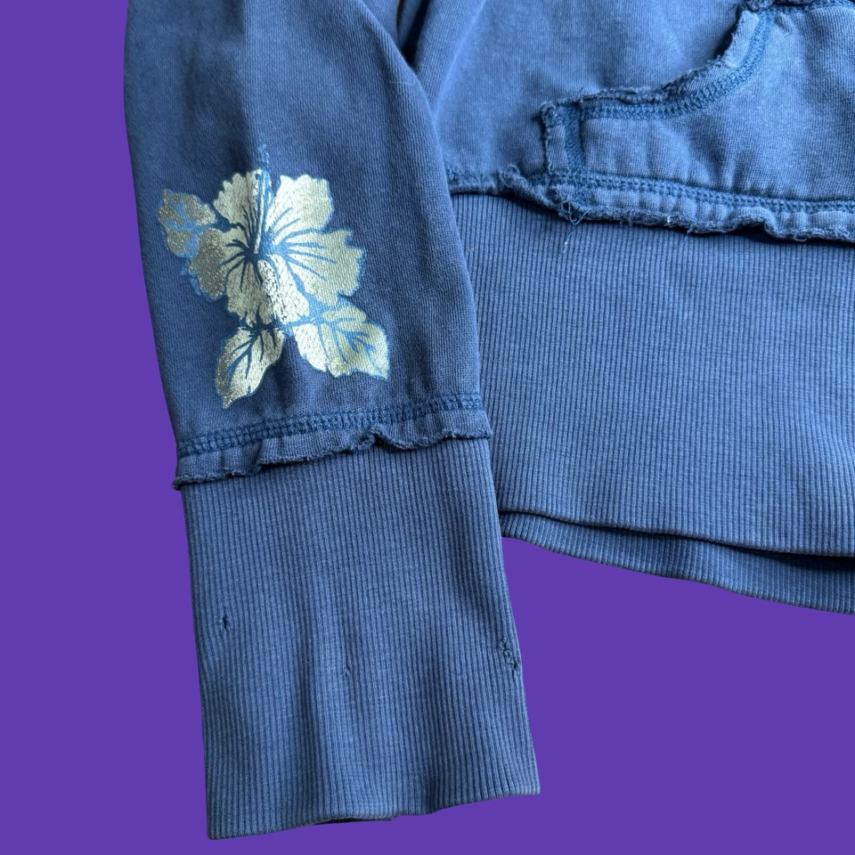 Roxy Womens Large Sweatshirt Vintage Distressed Hawaiian Flowers Blue Full Zip - Image 4 of 4