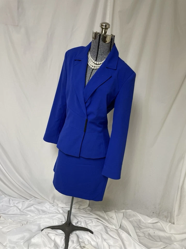 Traje Falda Calvin Klein Talla 14 Se Ajusta Como 12 Conjunto Dos Piezas Doble Pecho Azul Foto 3 de 4